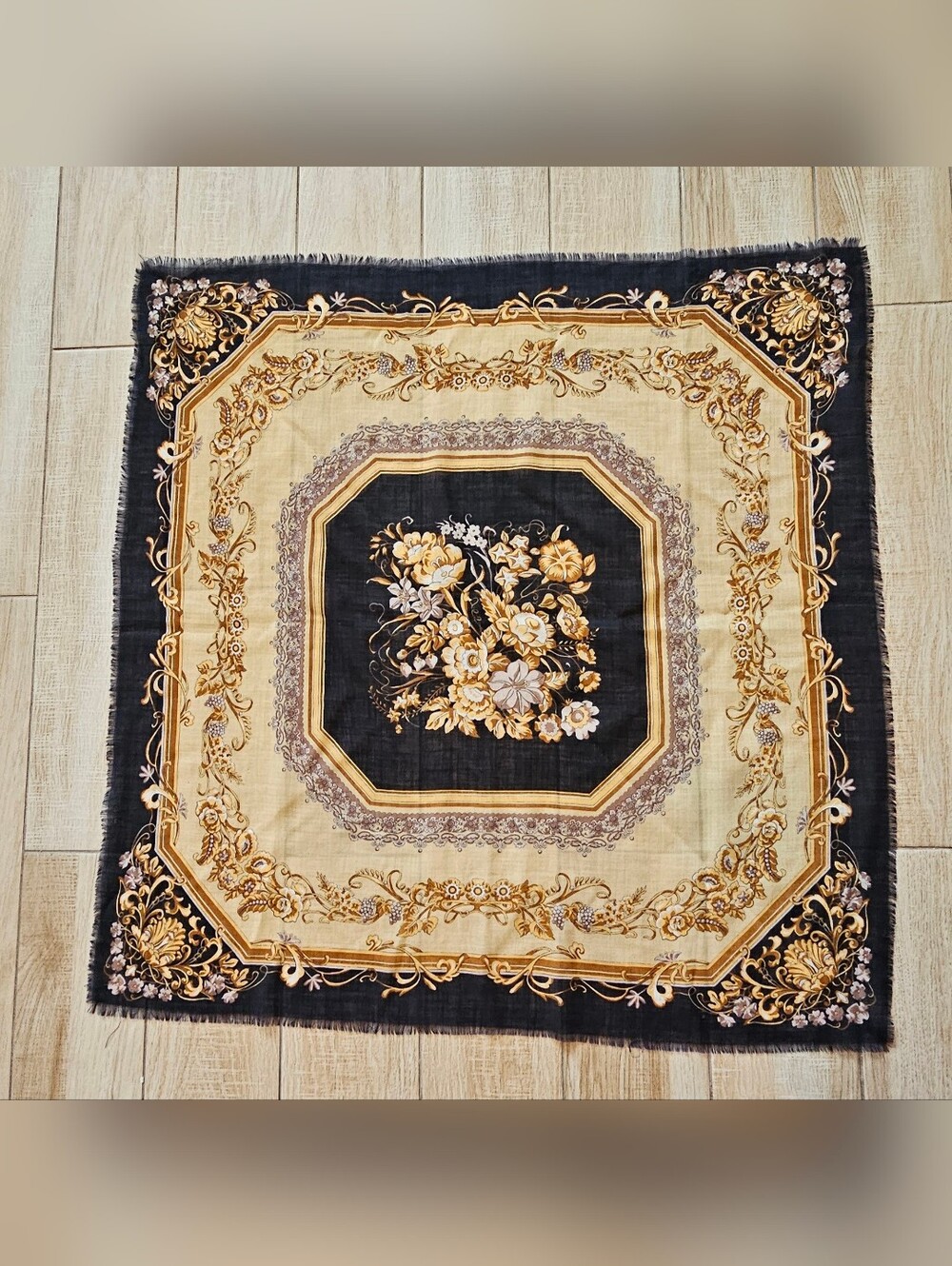 Casca for Magid Vintage Wool Scarf Floral Square Shawl Made in Japan Navy Cream